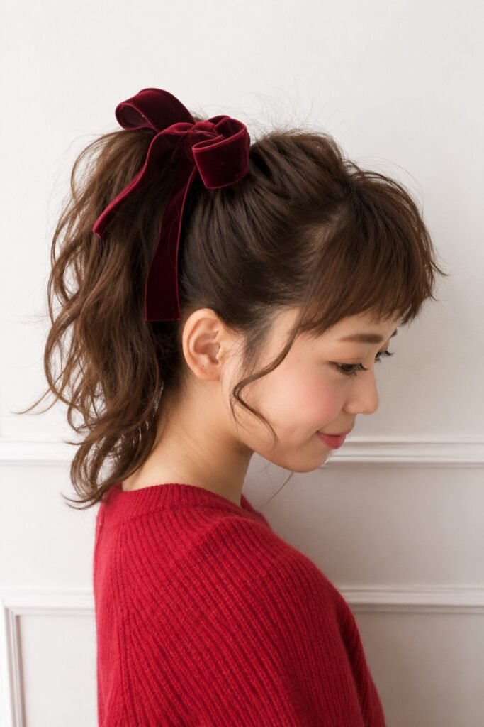Curtain Fringe with Red Ribbon Ponytail