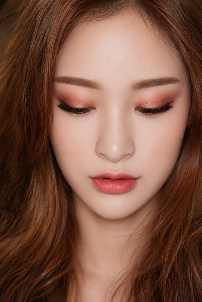 Woman with a copper eyelid and dewy skin