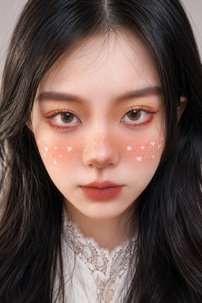Woman with defined lashes, a straight lower liner and pink blush