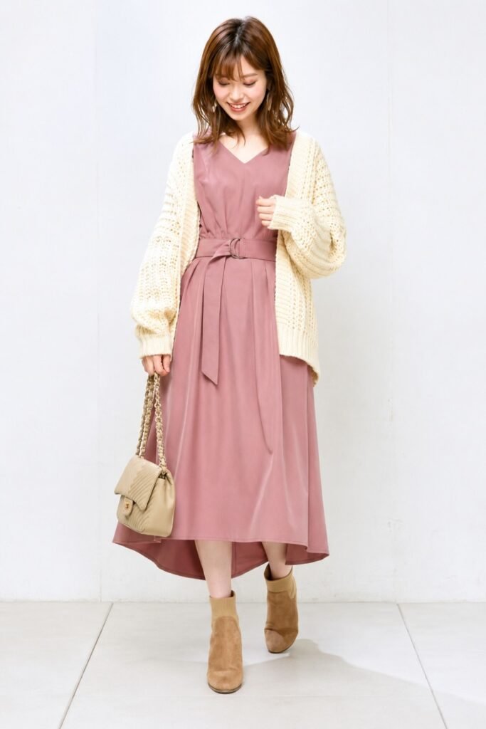 Woman in a dusty rose midi dress with a cream cardigan and ankle boots