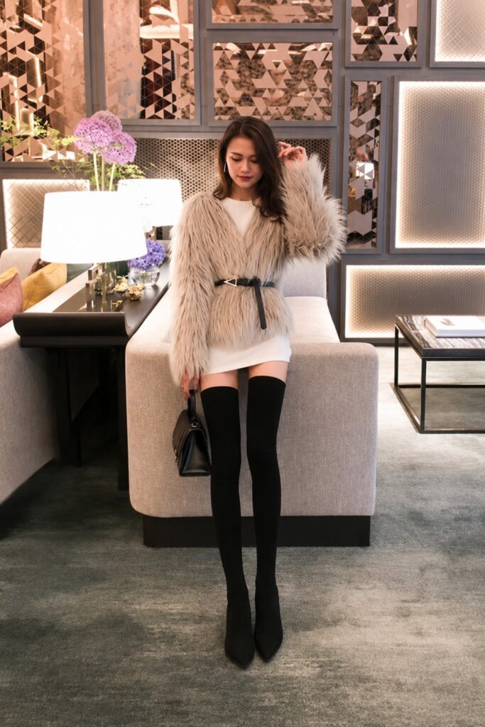 Belted faux fur jacket worn as a dress
