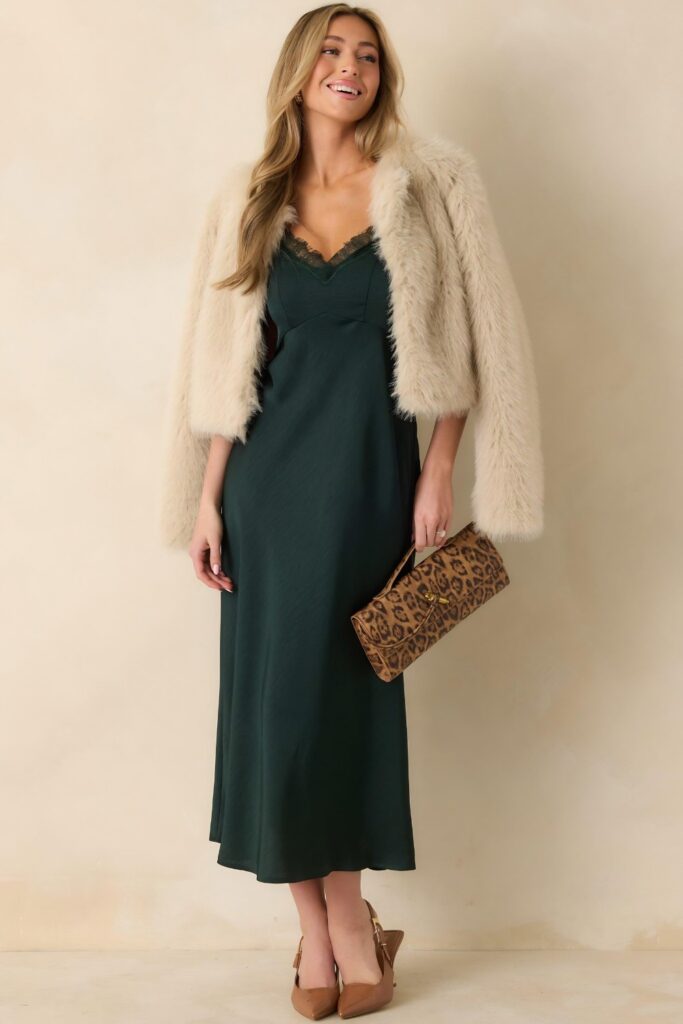 Faux fur jacket over a slip dress
