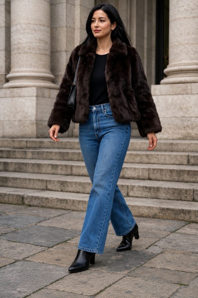 Faux fur jacket with straight jeans and ankle boots