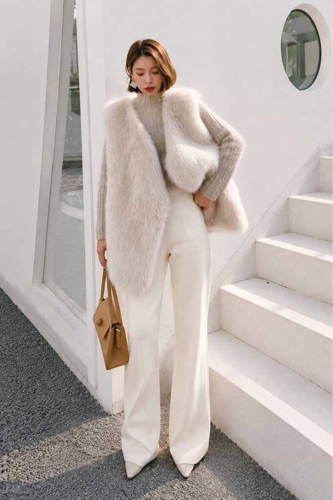 Faux fur vest over an oversized knit