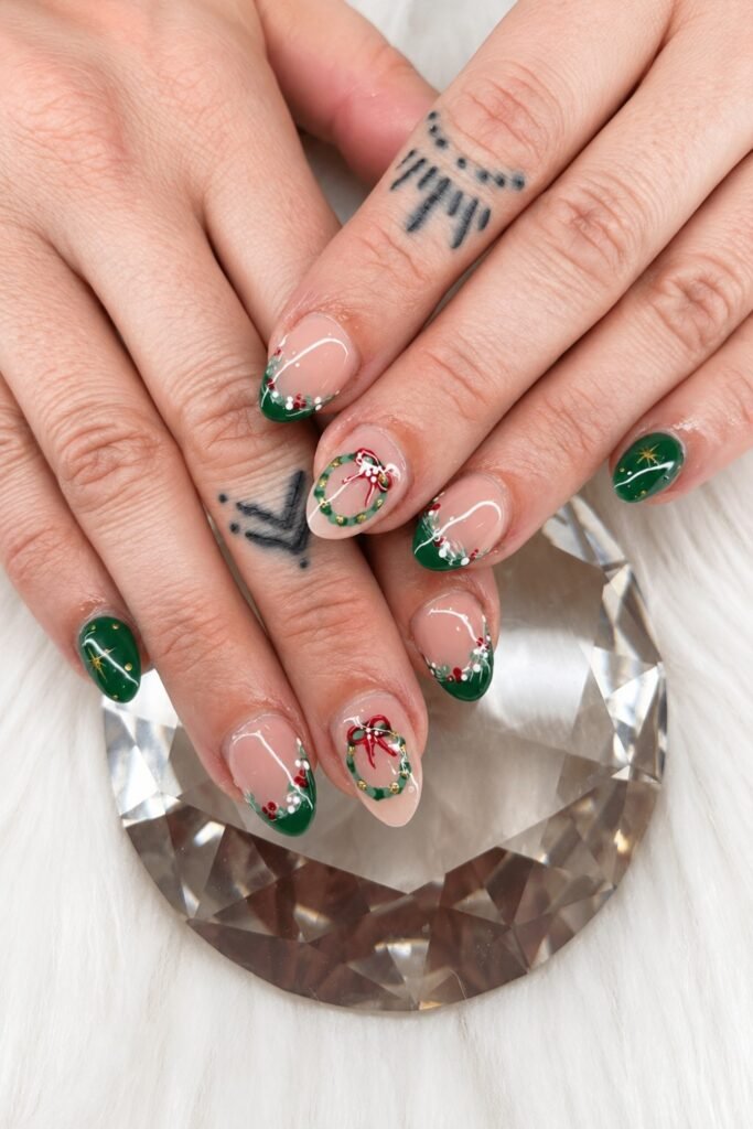 Short nude nails with forest green tips and red berries