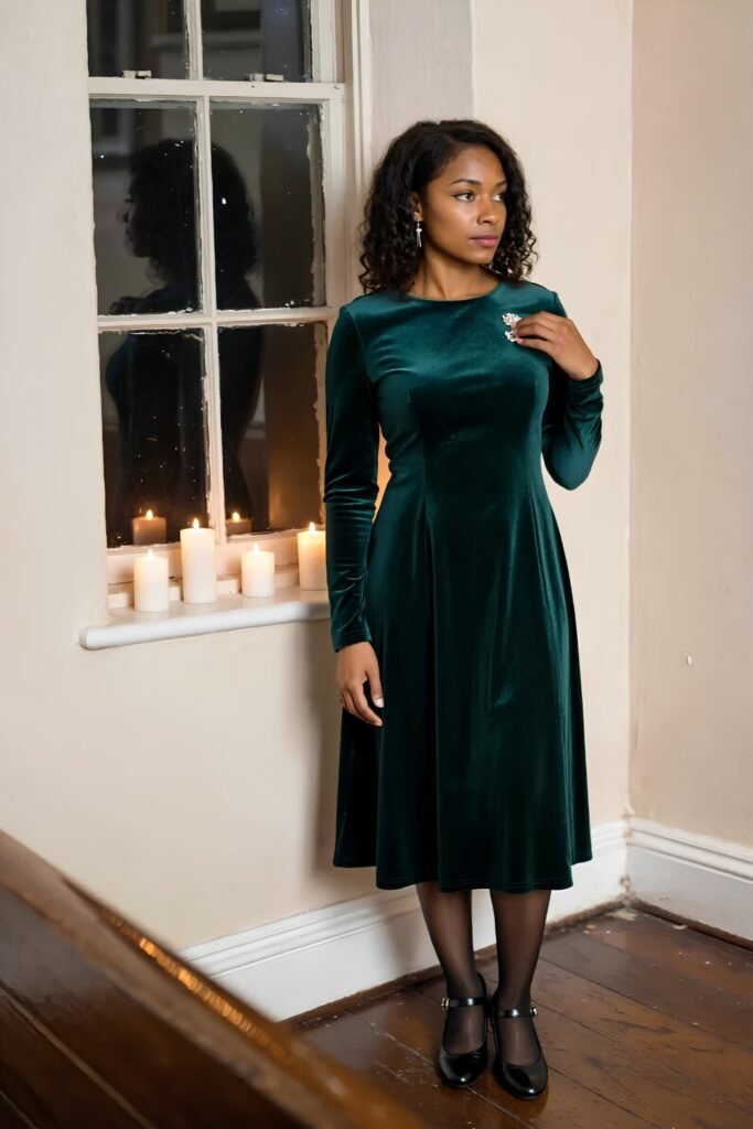 Woman in a forest green velvet dress with black tights