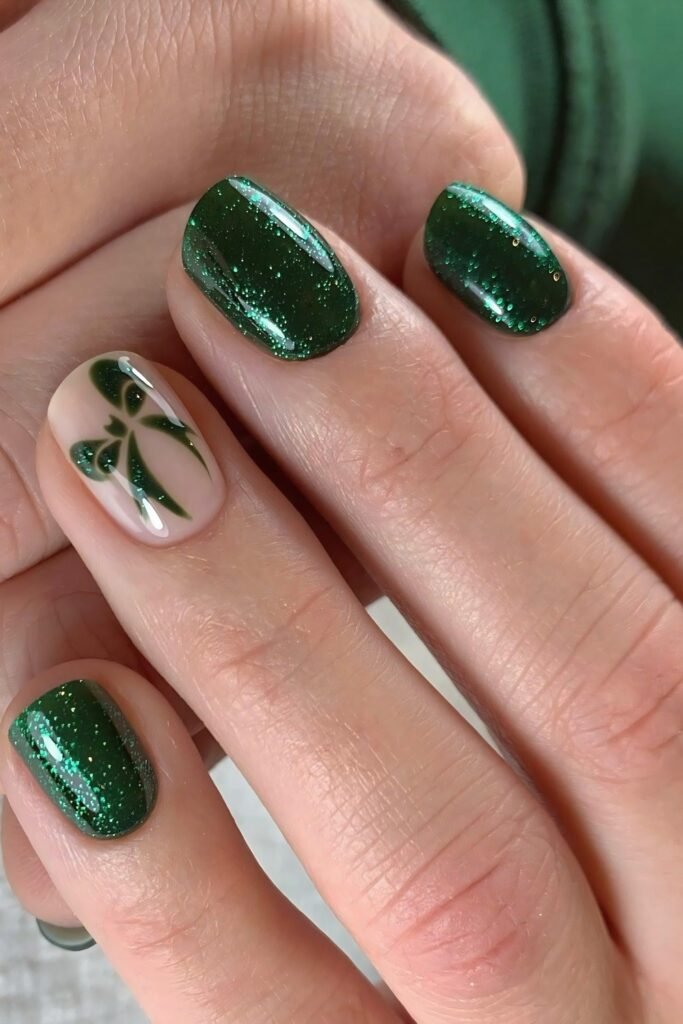 Short forest green glitter nails with a nude accent nail