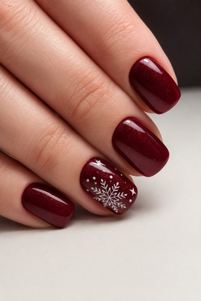 Short deep red nails with a frosted snowflake accent