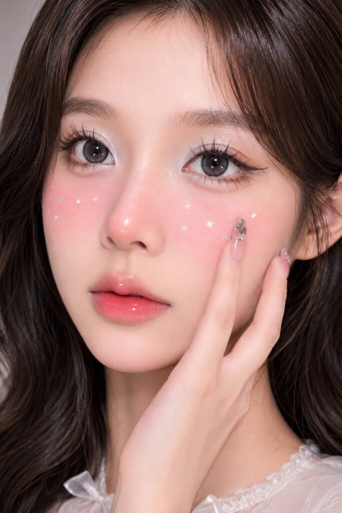 Woman with glossy bare lids and pink blush