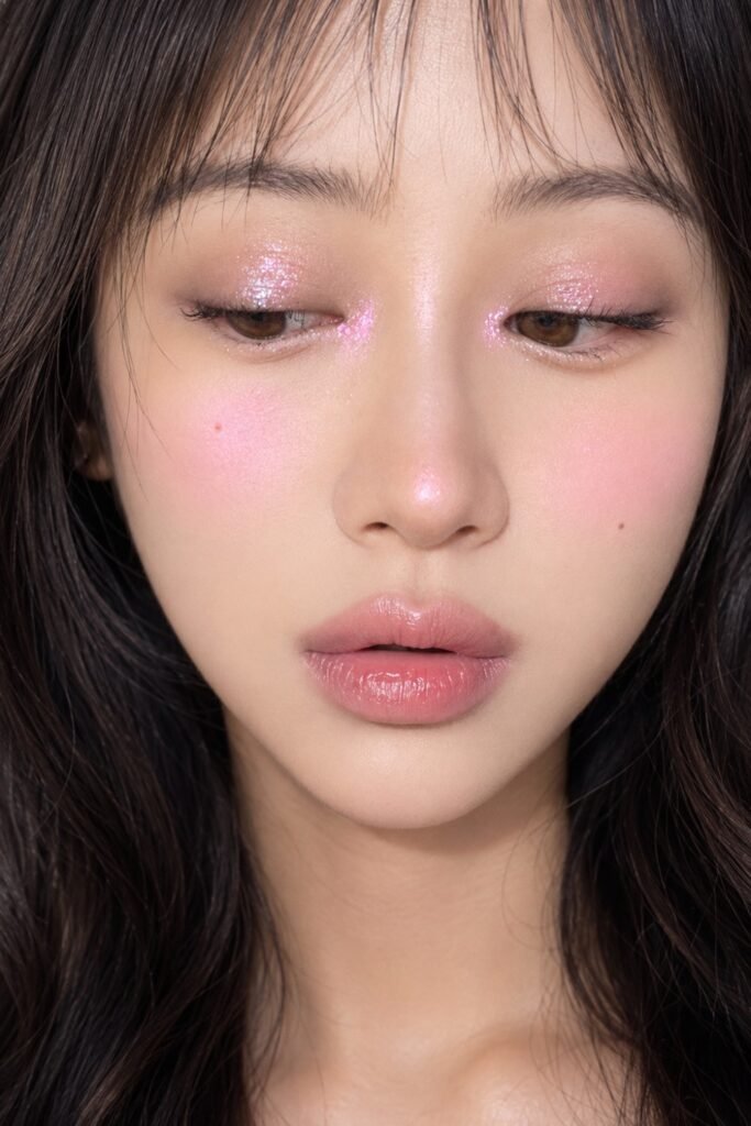 Woman with a monochrome pink look and glitter at the inner corners