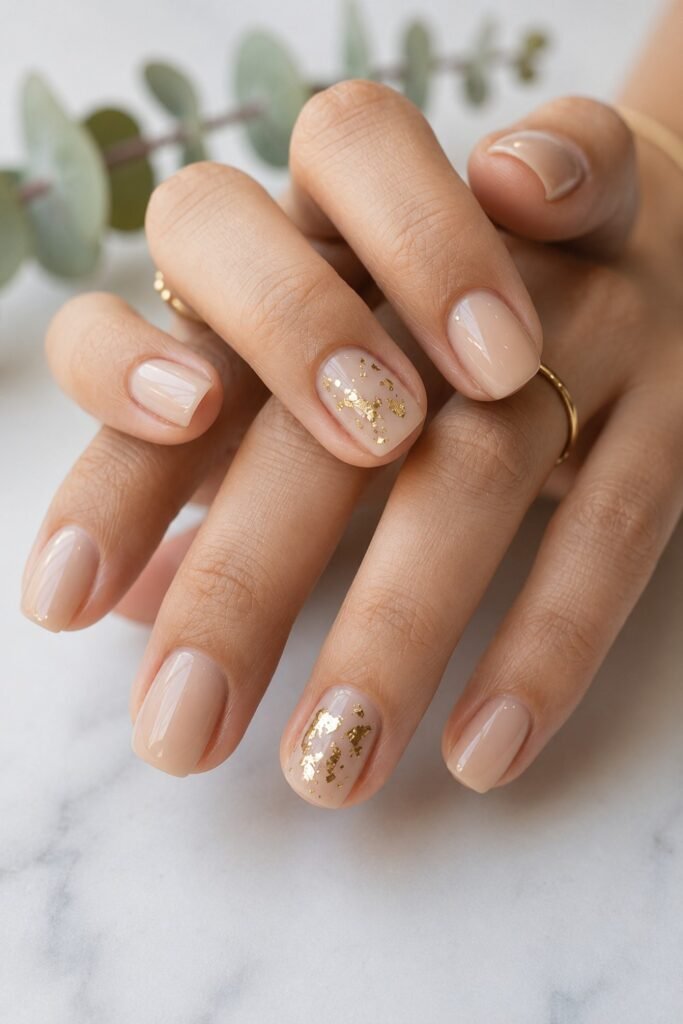 Short nude nails with gold leaf accents