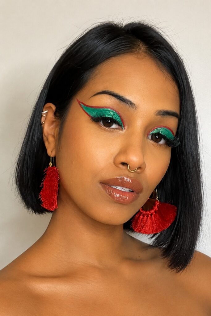 Woman with graphic green eyeliner and red earrings