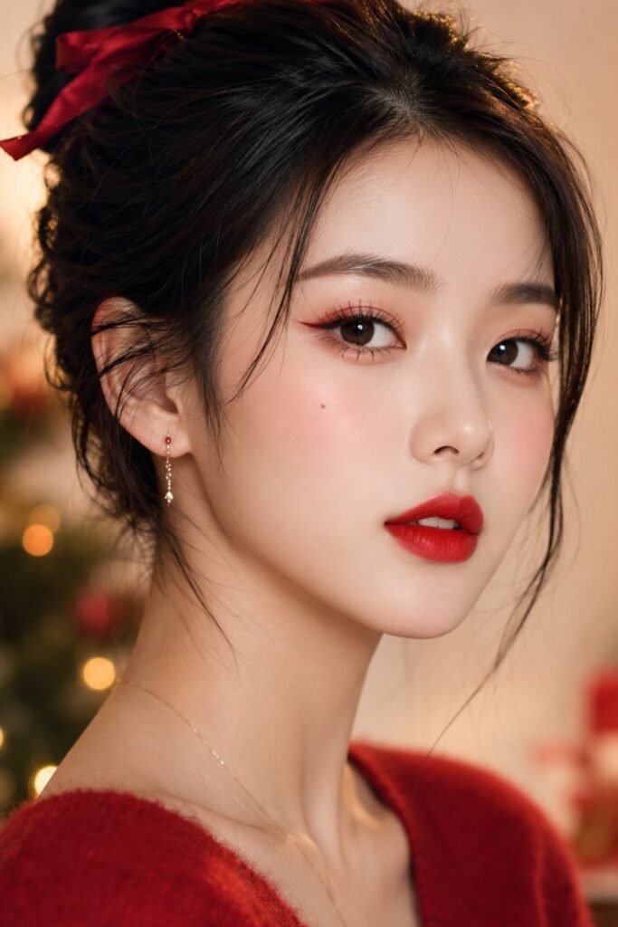 Woman with a red winged liner and bold red lip, wearing red