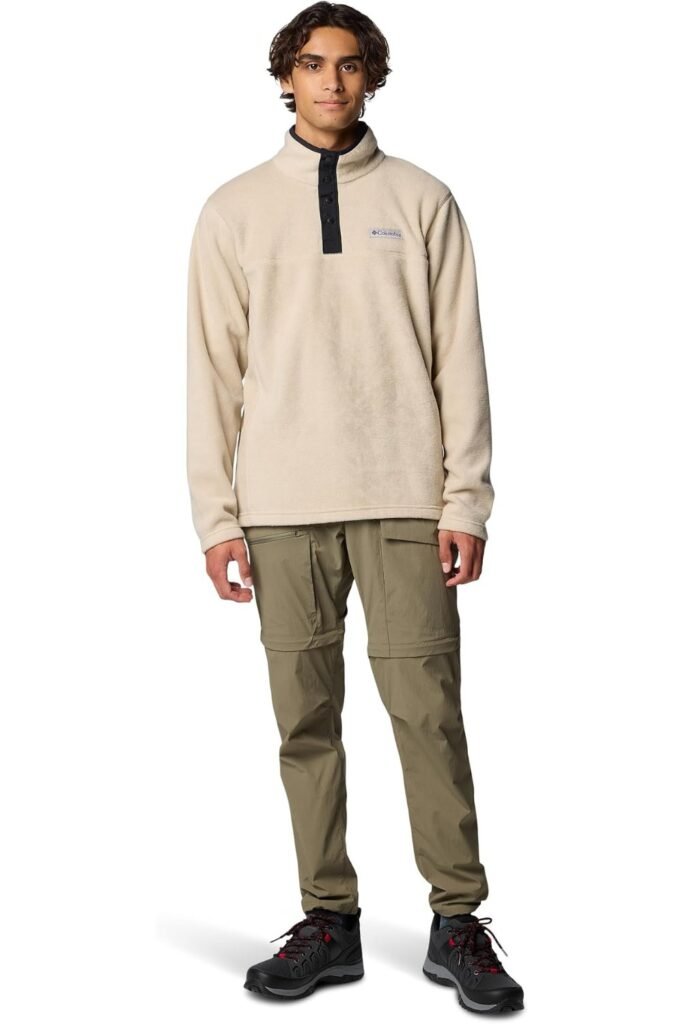 Grid Fleece Half-Zip, Olive Cargo, Hiking Boots, Beanie