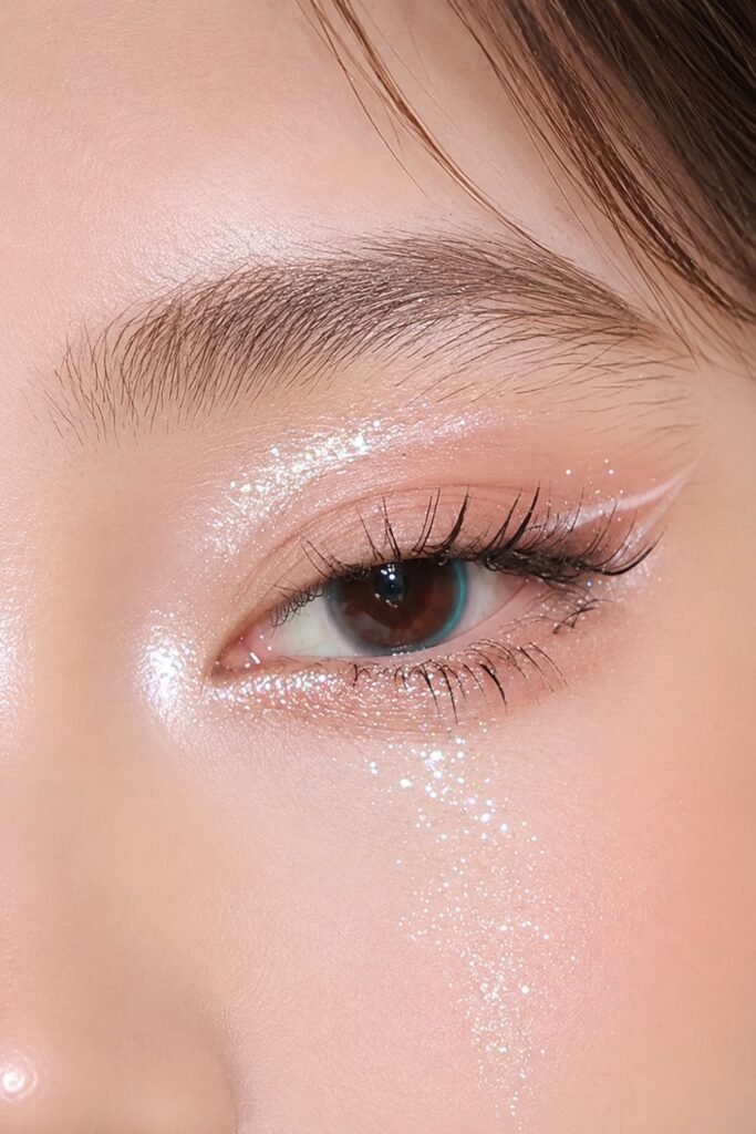 Close-up of an eye with holographic glitter and white waterline liner