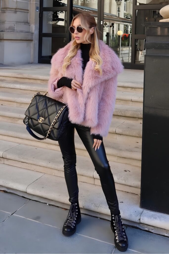 Hot pink faux fur coat with black basics