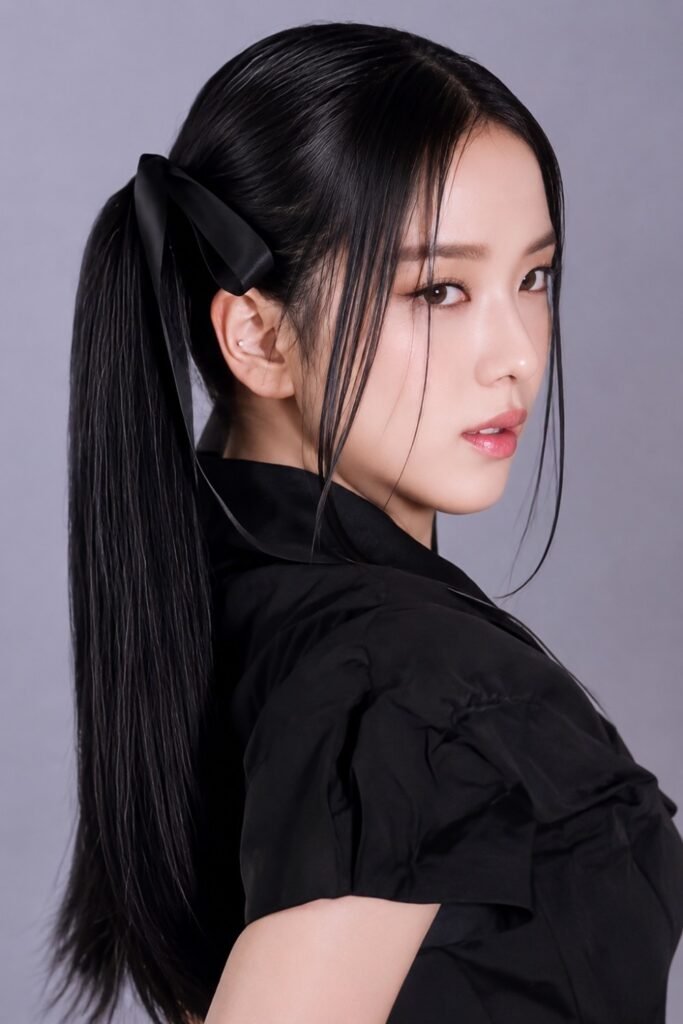 Jisoo Velvet Ribbon Low Ponytail with Curtain Fringe (1)