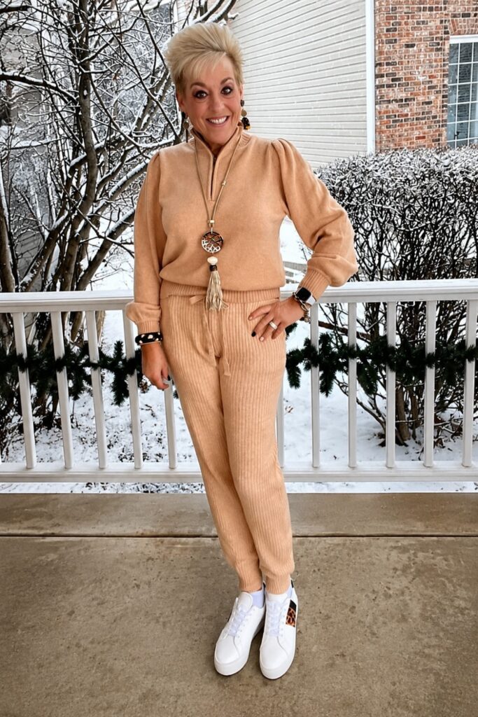 Knit co-ord set with white sneakers