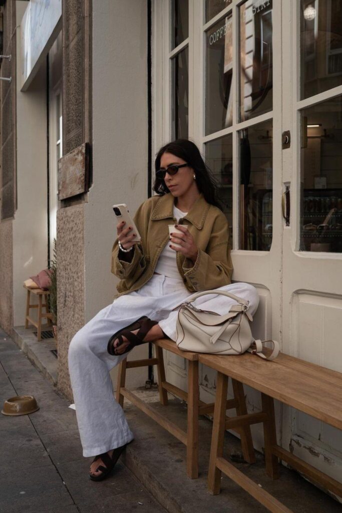 Light canvas barn jacket with linen trousers and sandals