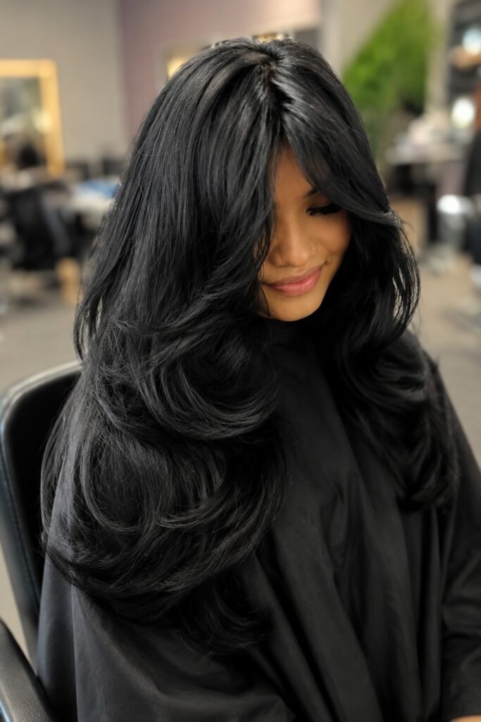 Long Black Hair Butterfly Cut Layers