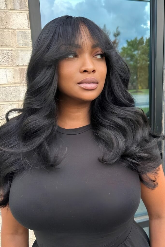 Long Black Hair with Curtain Fringe Layers