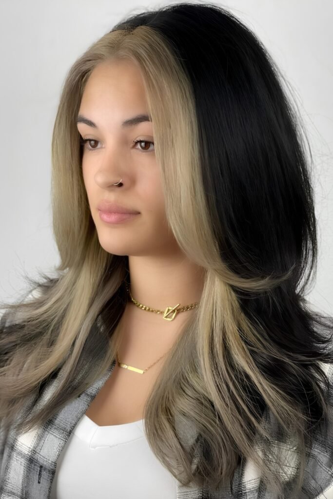Long Black Hair with Money Piece Highlights