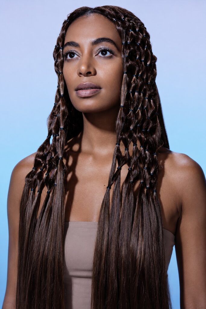 Long braids with metallic thread