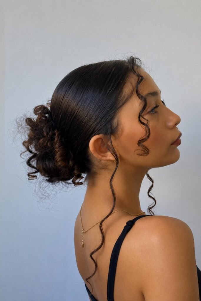 Low Curly Bun with Loose Tendrils
