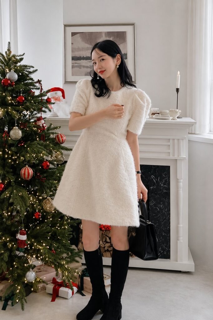 Woman in a cream knit dress beside a Christmas tree