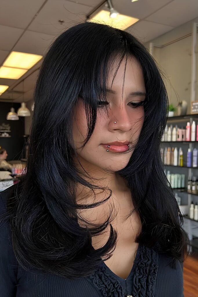 Medium Black Hair with Wispy Face Frames