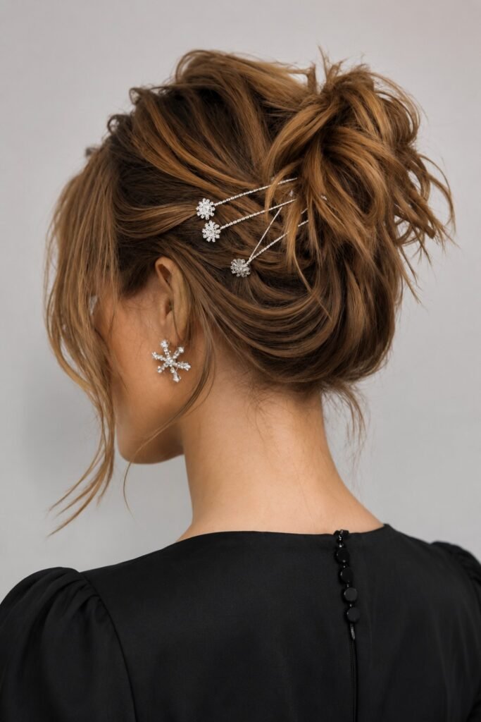 Messy Bun with Festive Jewelled Pin Cluster