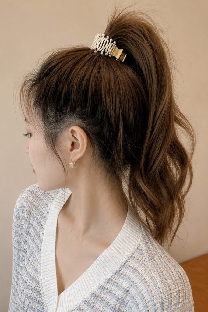 Micro Fringe with Sleek High Ponytail and Gold Clip