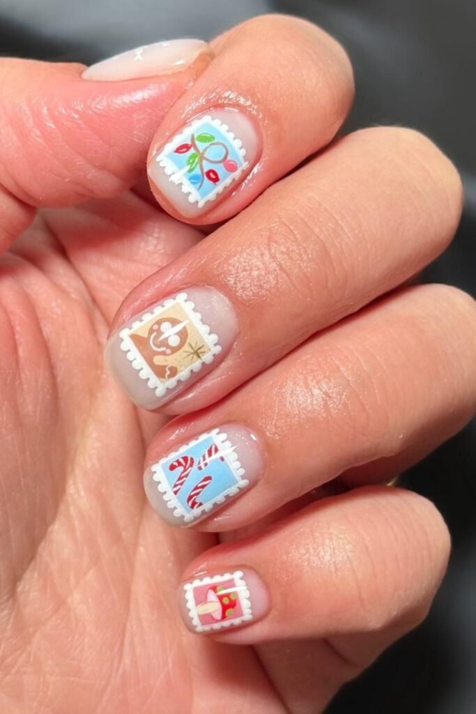 Short pale nails with tiny Christmas stamp designs