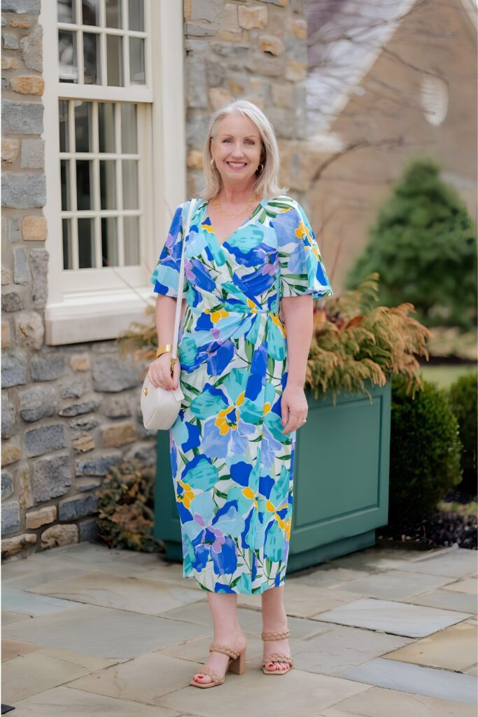 Midi wrap dress with block heels and a chain necklace