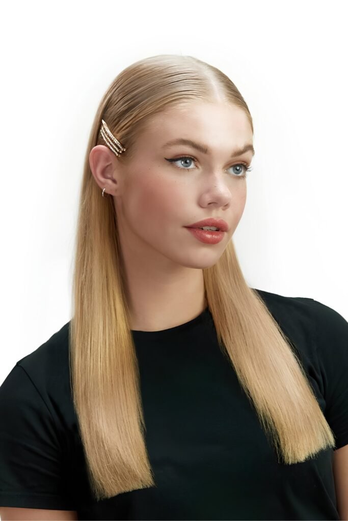 Mirror-Smooth Straight Hair with Gold Barrette