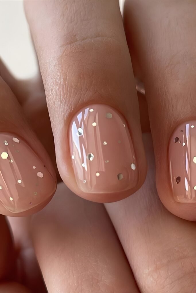 Short nude nails with scattered gold dots