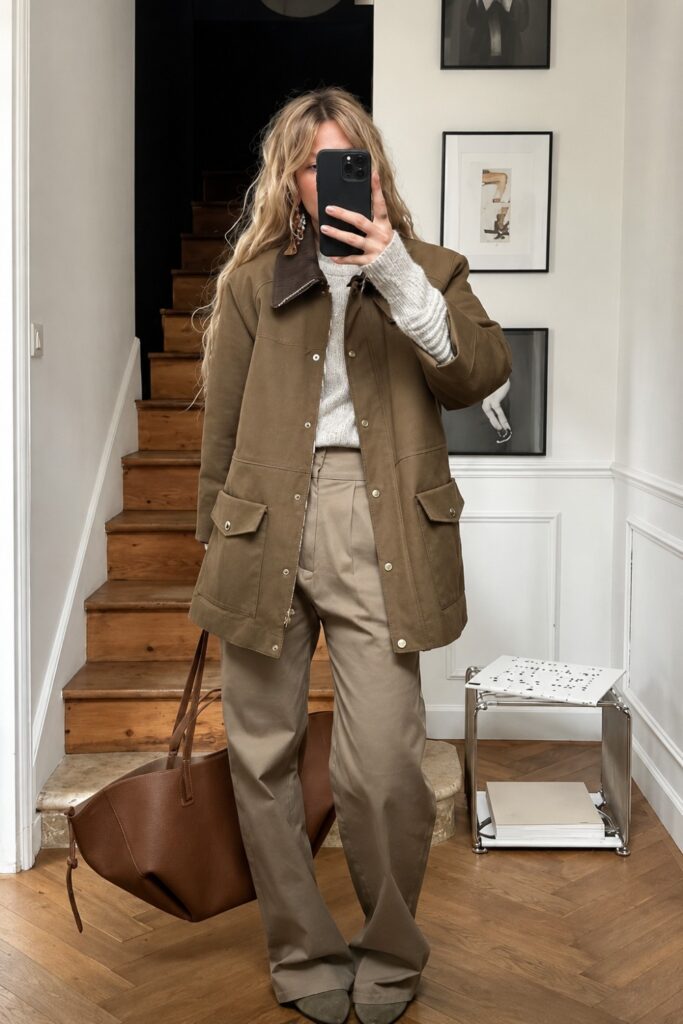 Monochrome olive barn jacket outfit