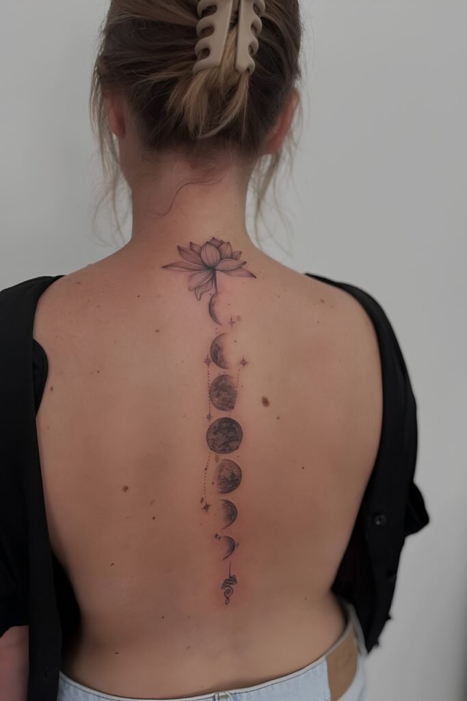 Moon and Lotus Spine TattooMoon and Lotus Spine Tattoo