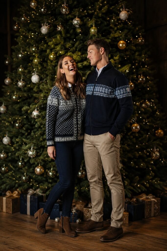 Couple in navy and cream Nordic knits beside a Christmas tree
