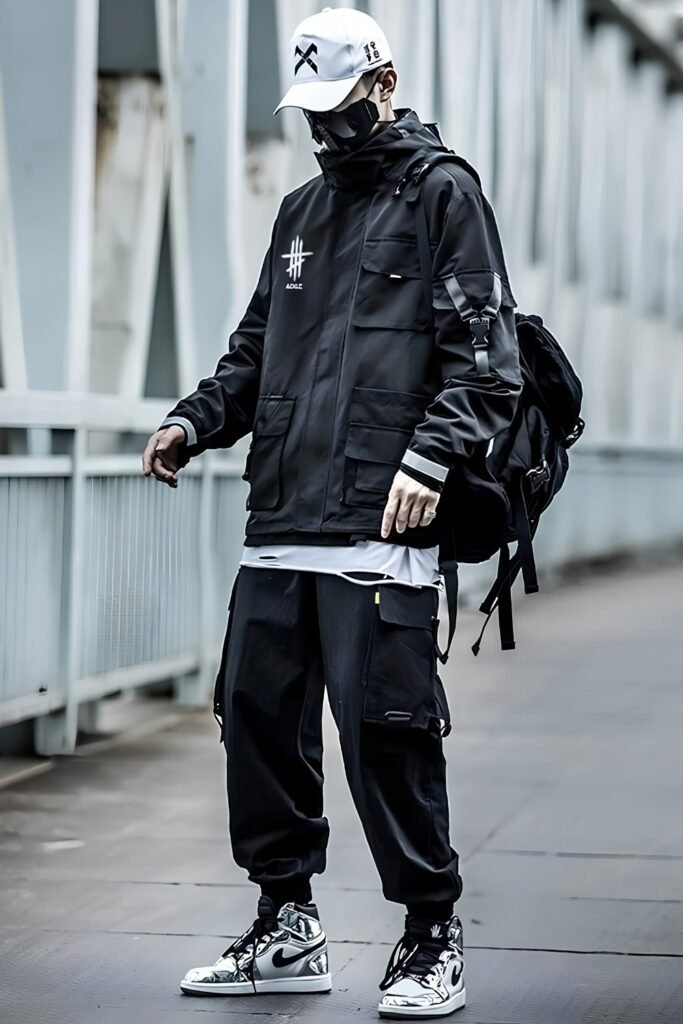 Night Gorpcore Black Technical Shell, Black Base Layer, Black Cargo, Reflective Trail Runners