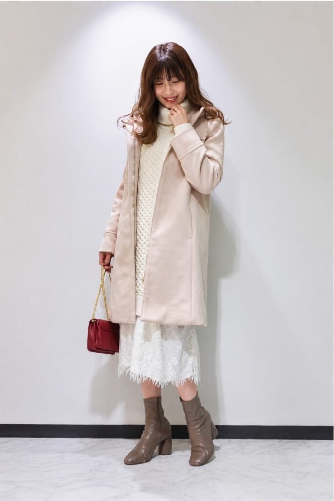 Woman in a long cream knit coat over a cream dress with ankle boots