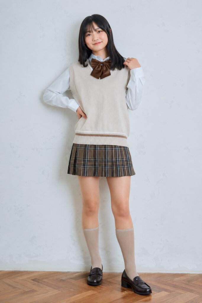 Woman in a plaid mini skirt with a white shirt, knit vest and loafers