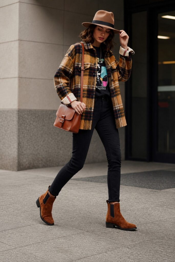Plaid barn jacket with slim jeans and ankle boots