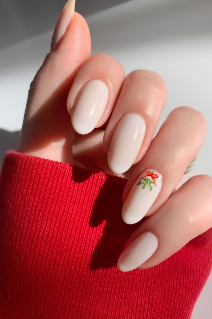 Short off-white nails with a small holly detail and a red sweater sleeve