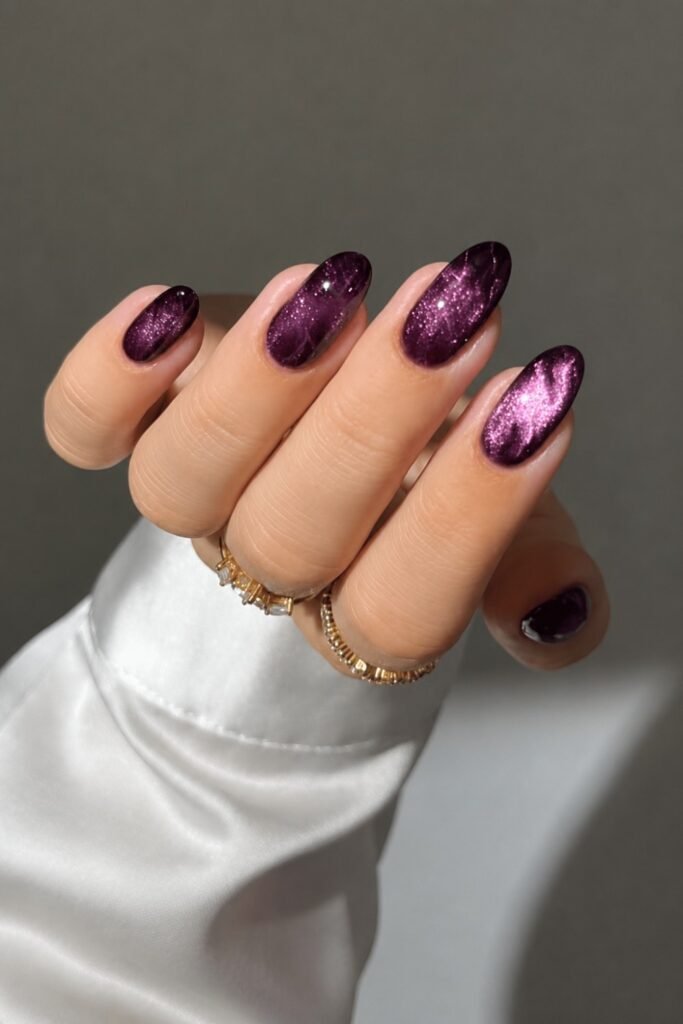 Short deep plum nails with a velvet cat-eye finish