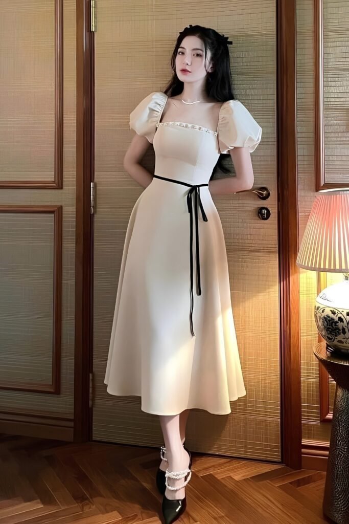 Woman in a cream puff-sleeve dress with a black ribbon belt