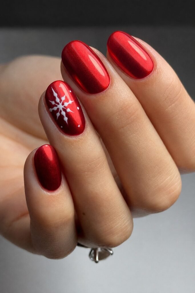 Short red chrome nails with a white snowflake accent