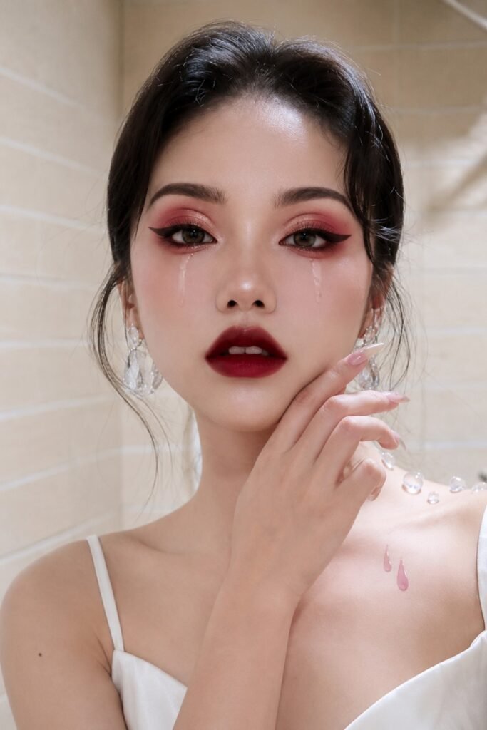 Woman with red eyeshadow, black mascara and a dark lip