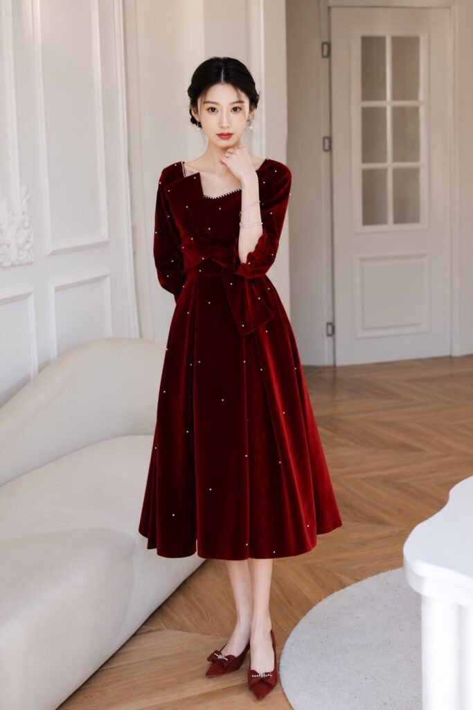 Woman in a deep red velvet midi dress with heels