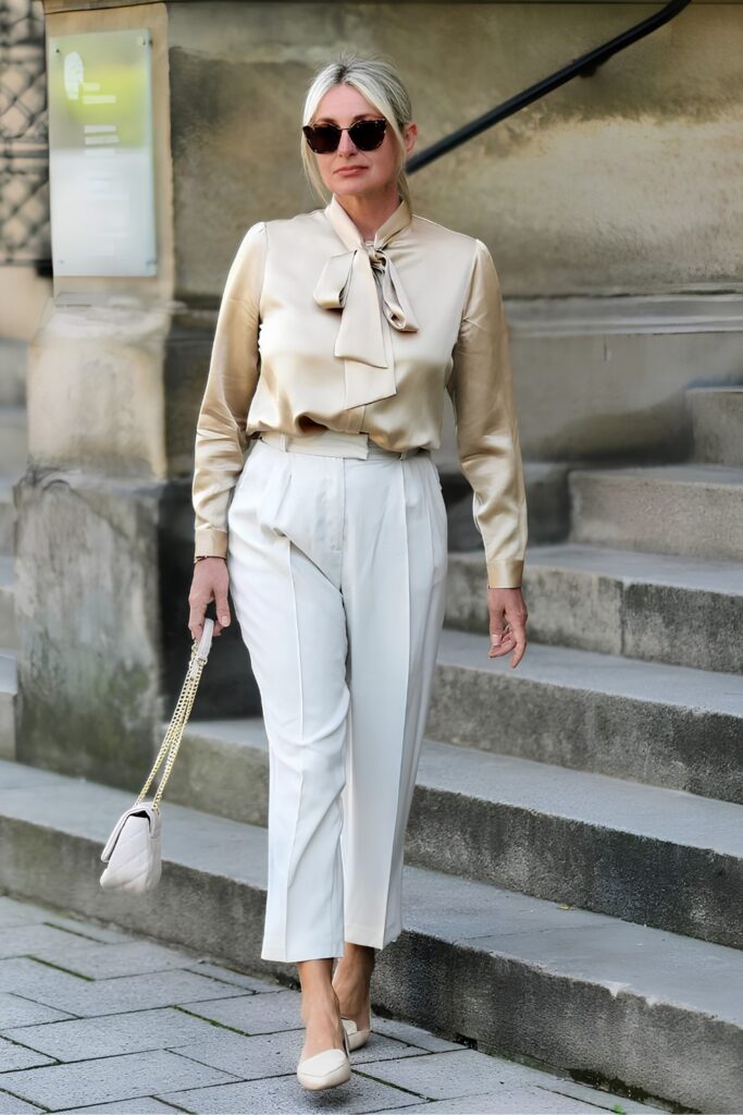 Linen trousers with a silk blouse and pointed flats